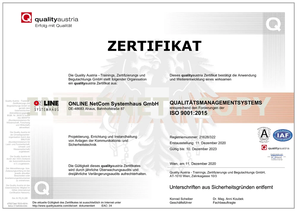 Zertifikat von qualityaustria zum ISO:9001 Qualitätsmanagementsystem