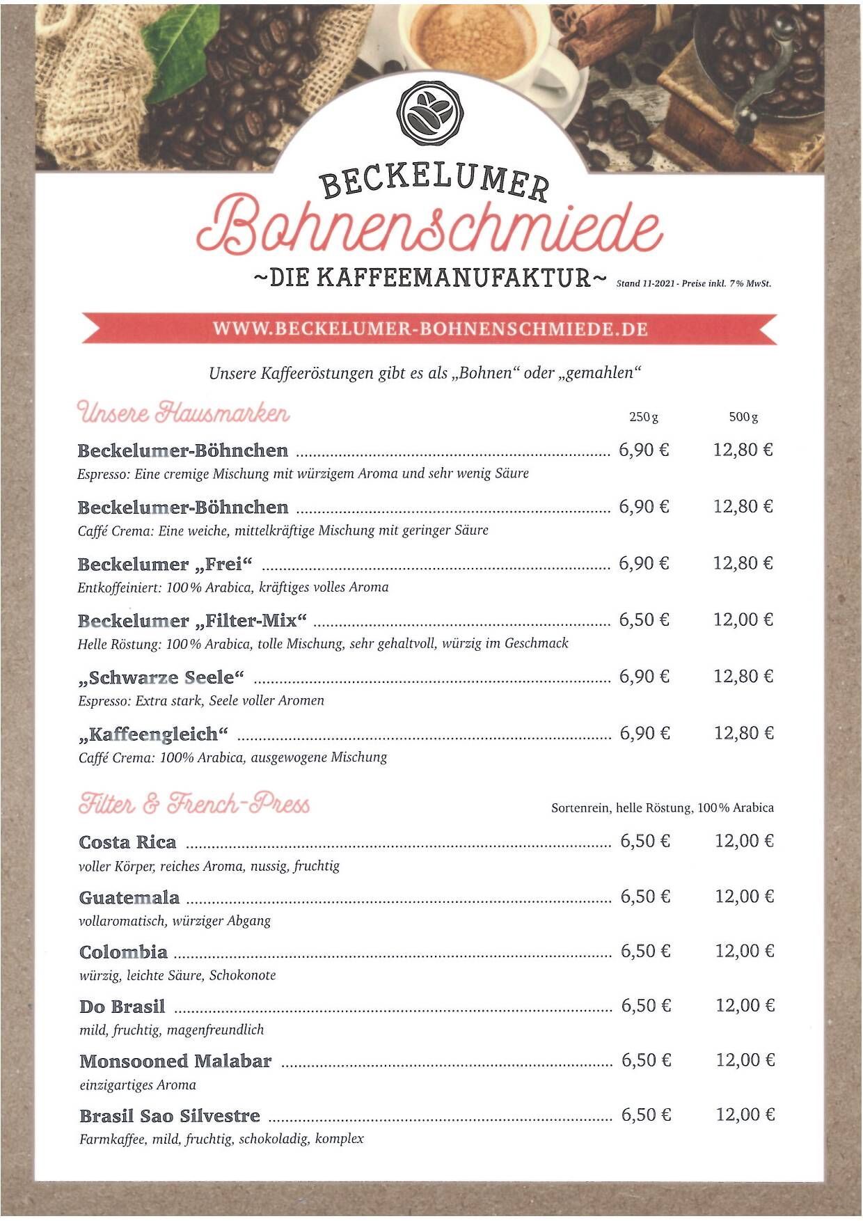 Preisliste | Beckelumer-Bohnenschmiede