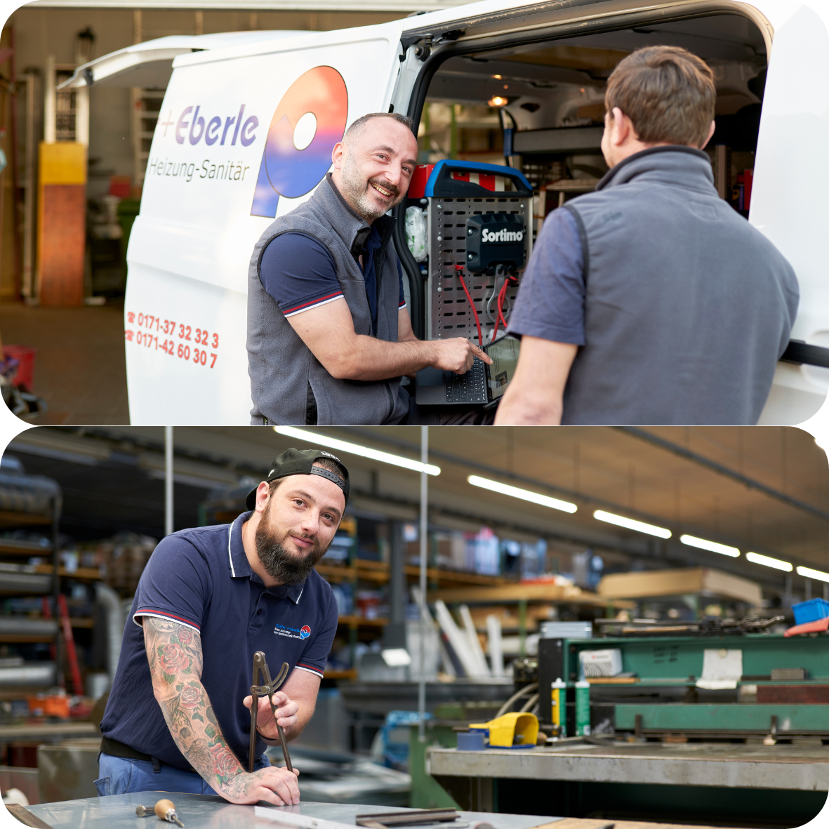 Impressionen eines Arbeitsalltages. Zwei Monteure stehen an einem Kundendienstfahrzeug. Ein Mitarbeiter ist in der Werkstatt.