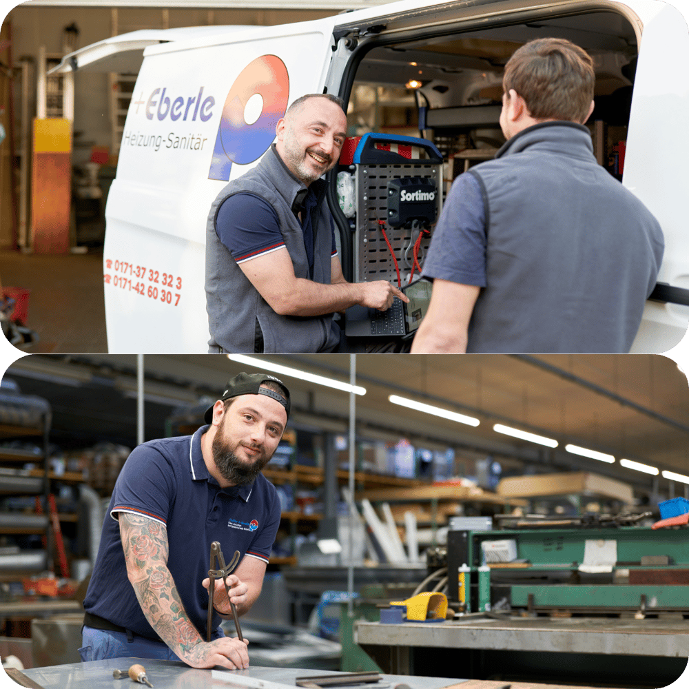 Impressionen eines Arbeitsalltages. Zwei Monteure stehen an einem Kundendienstfahrzeug. Ein Mitarbeiter ist in der Werkstatt.