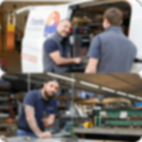 Impressionen eines Arbeitsalltages. Zwei Monteure stehen an einem Kundendienstfahrzeug. Ein Mitarbeiter ist in der Werkstatt.