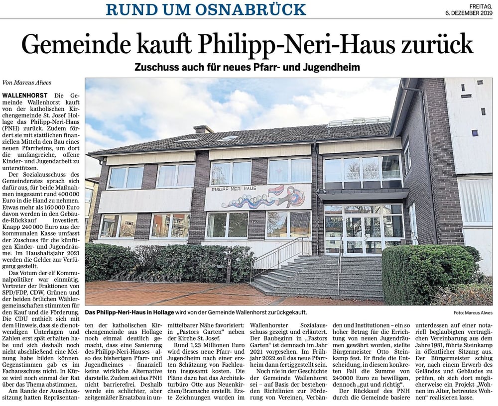 NOZ 6. Dezember 2019 | Gemeinde kauft Philipp-Neri-Haus zurück