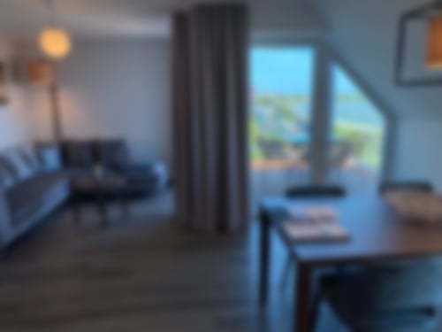 Wohnraum und Kamin Amrum Residenz