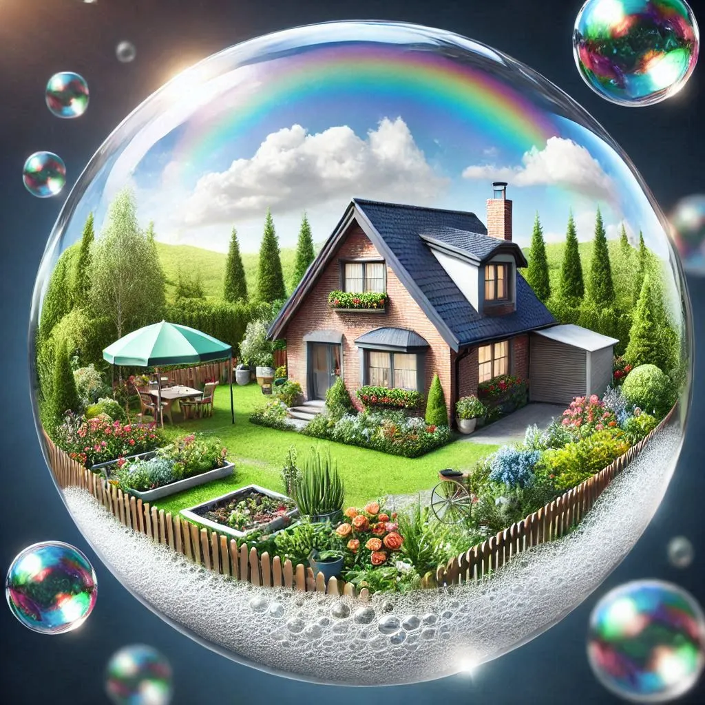 Symbolisches Bild für Baufinanzierung: Einfamilienhaus mit Garten in schützender Seifenblase – steht für Sicherheit, Planung und finanzielle Stabilität beim Hauskauf
