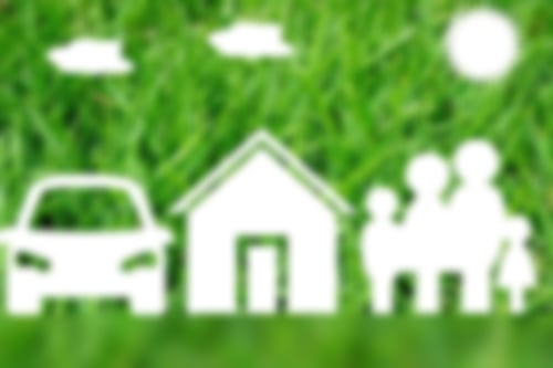 grünes Gras, davon stilisiertes Auto, Haus und Famlie