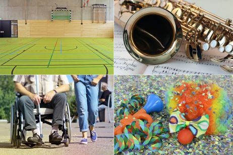 vier geteiltes Bild mit einem Sportplatz, einem Saxophone, einem Mensch im Rollstuhl und einer Karnevalsperücke