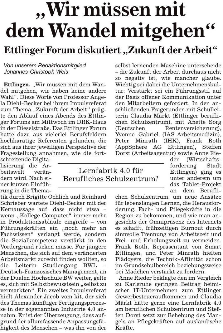 Ausschnitt Zeitungsartikel der BNN - Wir müssen mit dem Wandel mitgehen