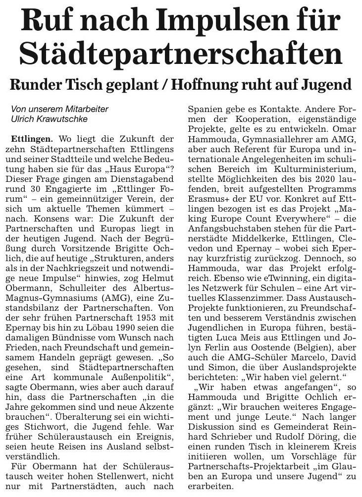Ausschnitt Zeitungsartikel der BNN - Ruf nach Impulsen für Städtepartnerschaften