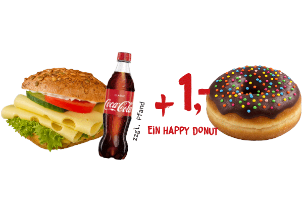 Snackdeal Foto mit Cola-Flasche und dem 1,- Angebot für einen zusätzlichen Donut