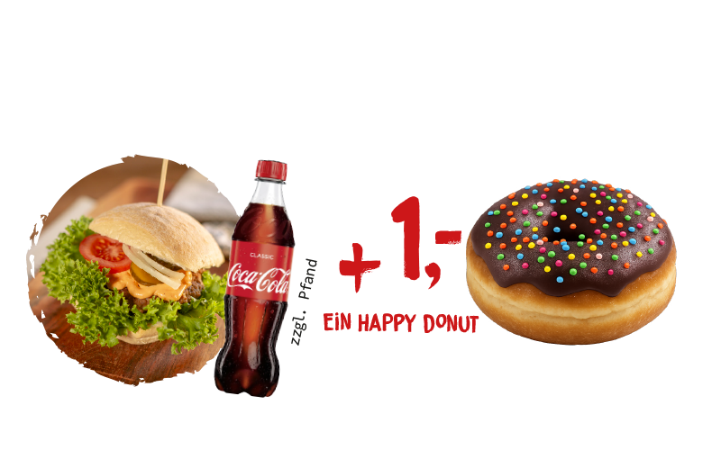 Snackdeal Foto mit Cola-Flasche und dem 1,- Angebot für einen zusätzlichen Donut