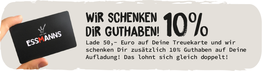 eine Hand halt die Treuekarte von Essmanns. Der Text im Bild weißt auf die Guthabenaktion hin. Wenn man 50 Euro Guthaben auflädt, bekommt man 10% Guthaben geschenkt.