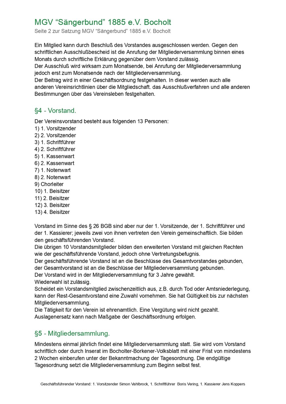 Seite 2 Satzung MGV &quot;Sängerbund&quot; 1885 e.V. Bocholt