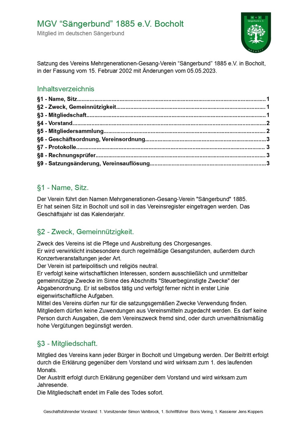 Seite 1 Satzung MGV &quot;Sängerbund&quot; 1885 e.V. Bocholt