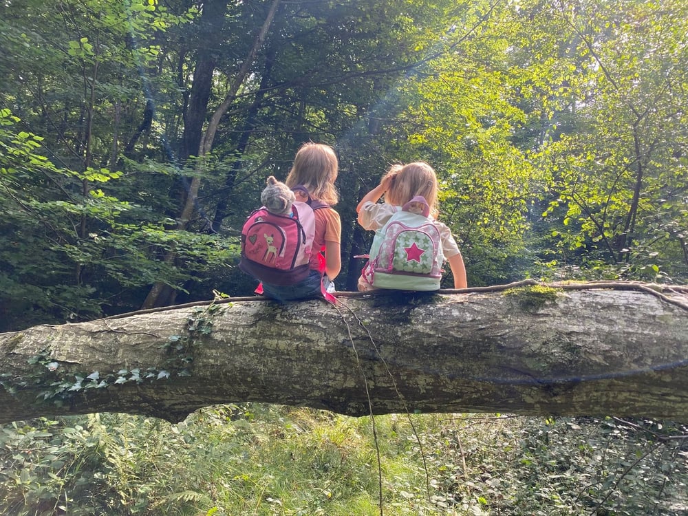 Kinder sitzend auf einem Baumstamm