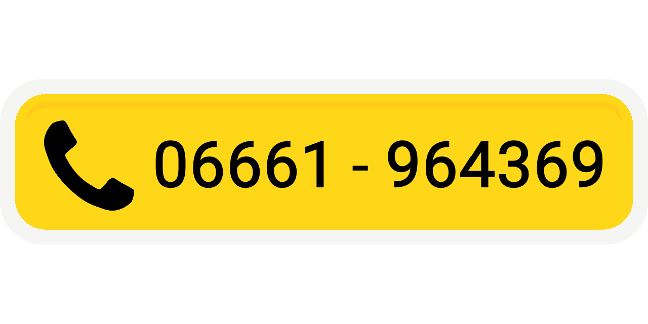 Gelber Button mit schwarzem Telefonhörer und Telefonnummer 06661-964369
