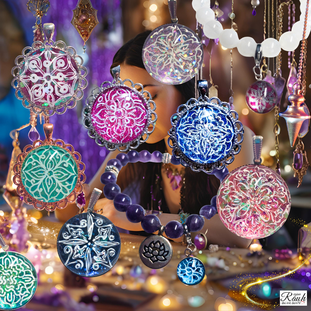 handgemalte Amulette kaufen, spiritueller Schmuck, Mandala-Amulette, Regina Rauh