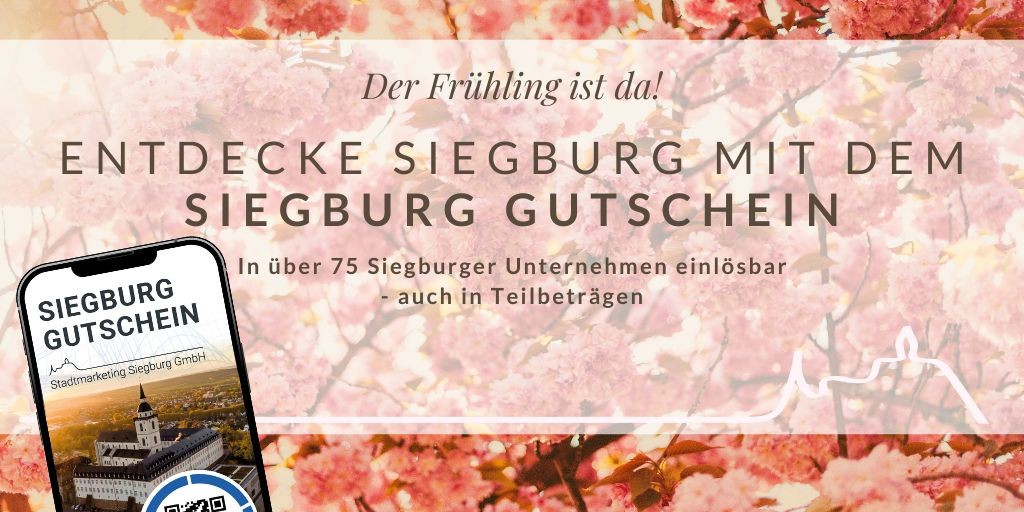Der Frühling ist da! Entdecke Siegburg mit dem Siegburg Gutschein in über 75 Siegburger Unternehmen einlösbar - auch in Teilbeträgen.