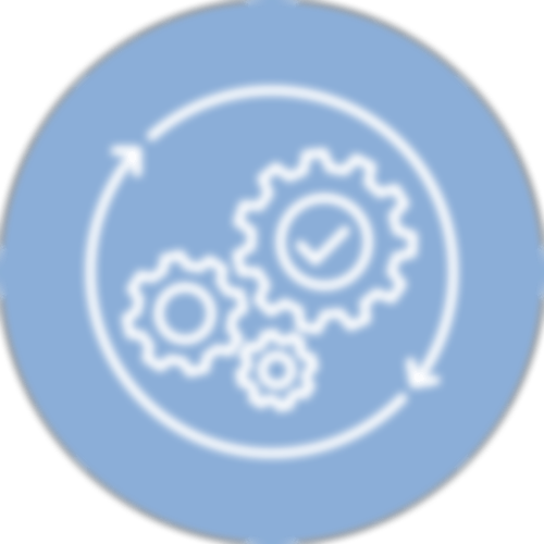 mittelblauer Kreis mit Piktogramm von Zahnrädern, die ineinander greifen