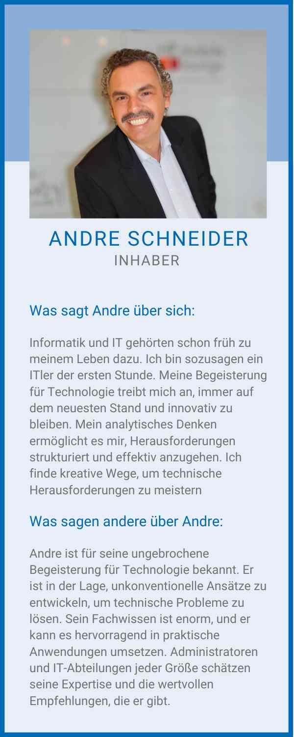 Bild von Andre Schneider - Inhaber, lachend im Anzug