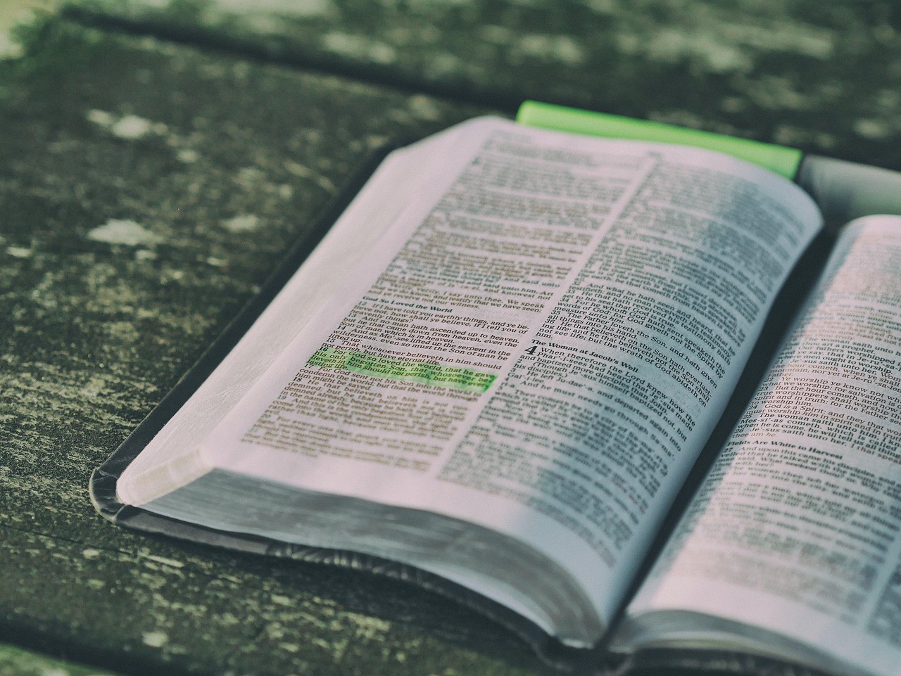 Bibel, die aufgeschlagen auf einem Tisch liegt. In ihr wurde ein Vers markiert.